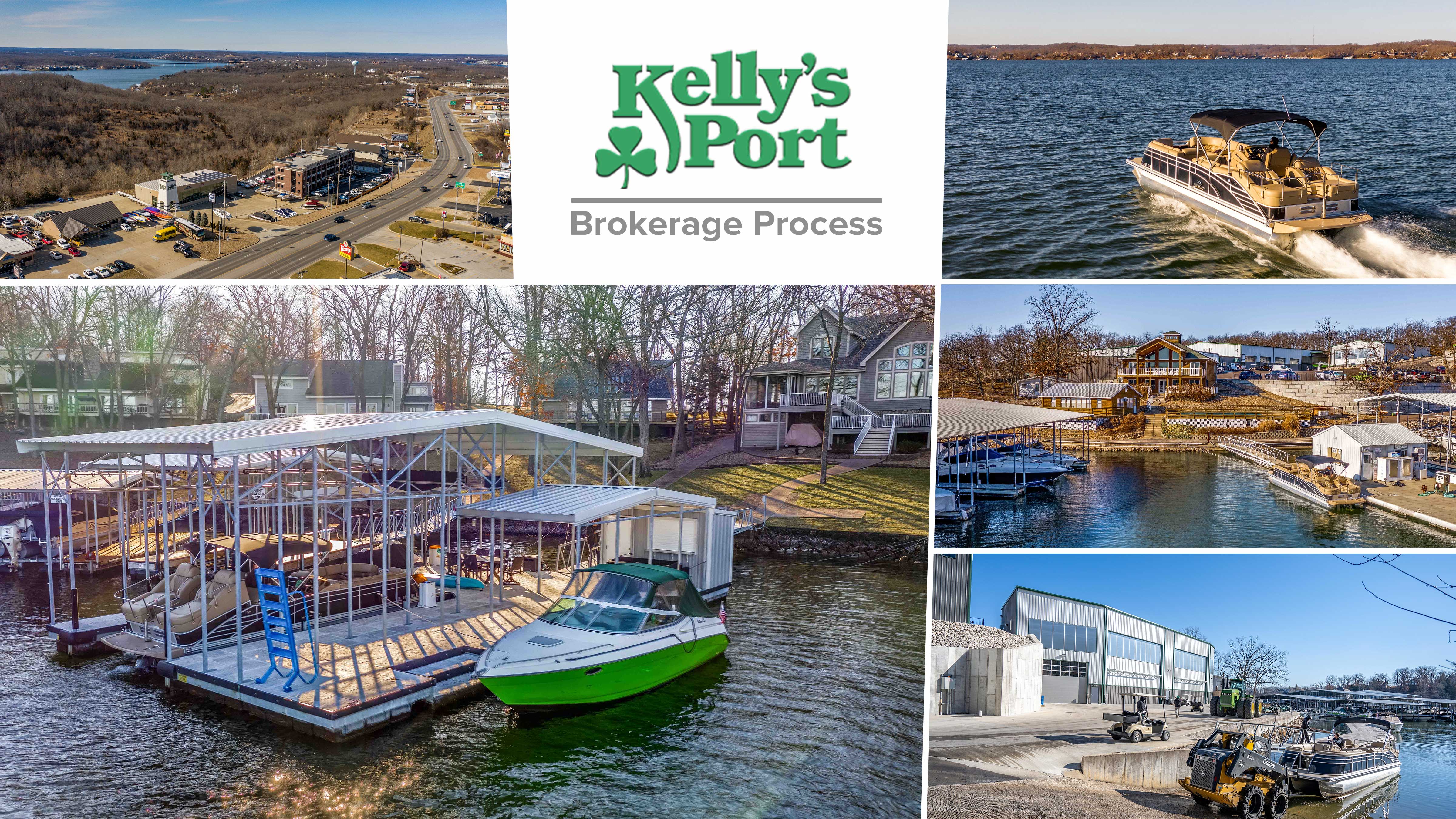 Views of the surrounding forested areas of Kelly's Port on Lake of the Ozarks, including their docks and inventory